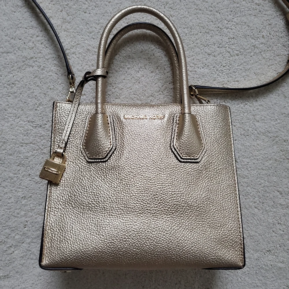 Michael Kors Metallic Gold Leather Mercer Crossbody Tote Bag